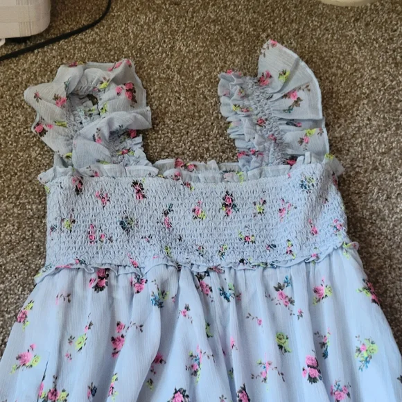 Maternity Motherhood Ditsy Floral Sleeveless Ruffle Shoulder Smocked Dress - Picture 12 of 14